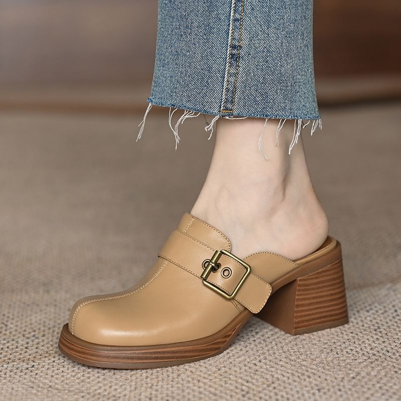 Block Heel Mules Buckled