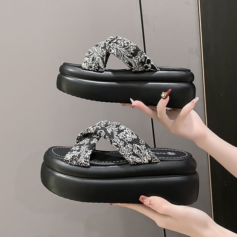 Jacquard Slide Sandals Platform Floral