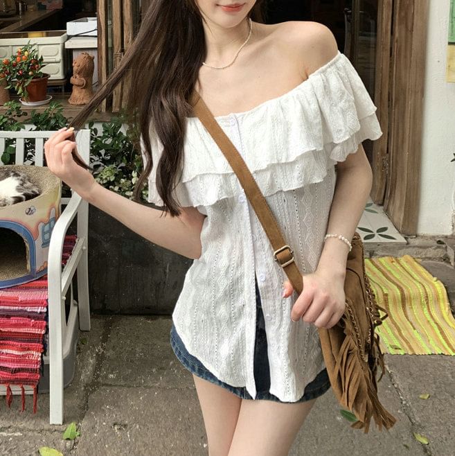 Plain Off Blouse Shoulder Short-Sleeve Ruffle