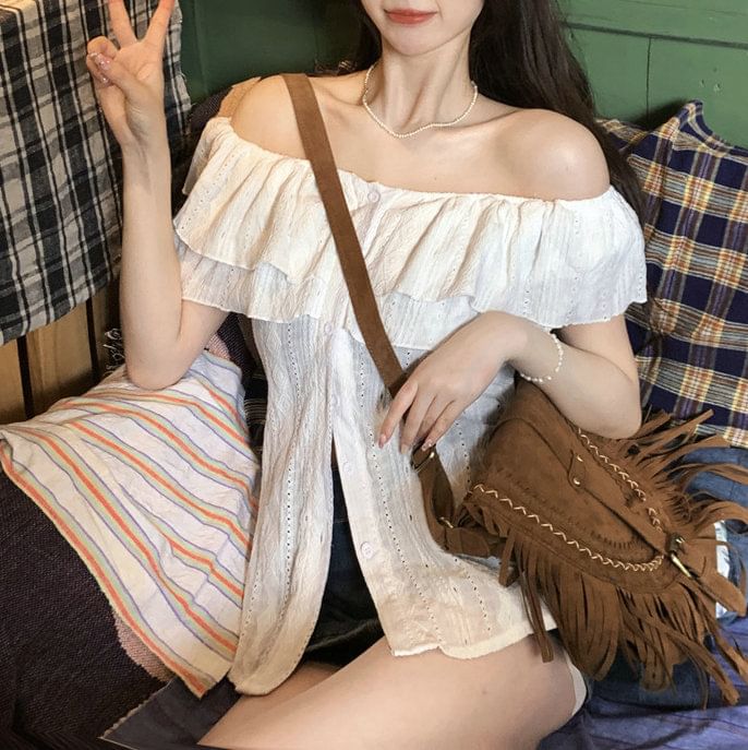 Plain Off Blouse Shoulder Short-Sleeve Ruffle