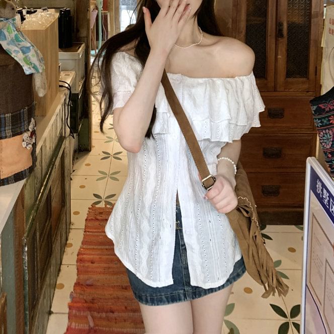 Plain Off Blouse Shoulder Short-Sleeve Ruffle
