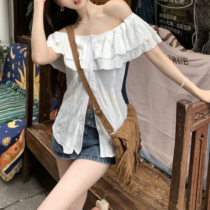 Plain Off Blouse Shoulder Short-Sleeve Ruffle