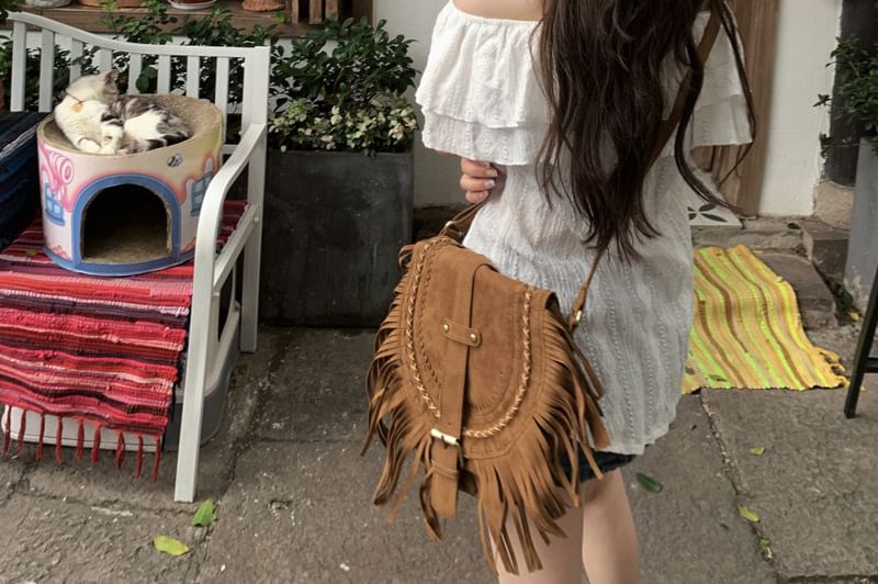 Plain Off Blouse Shoulder Short-Sleeve Ruffle