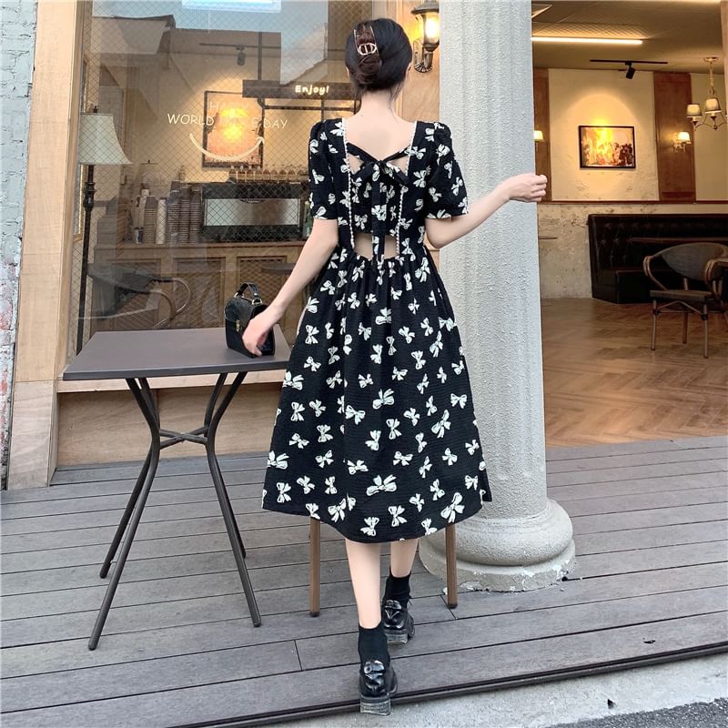 Bow Square A-Line Neck Tie Panel Short-Sleeve Print Midi Back Dress