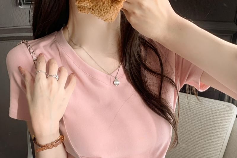 T-Shirt Ruched Short-Sleeve Plain V-Neck Asymmetrical