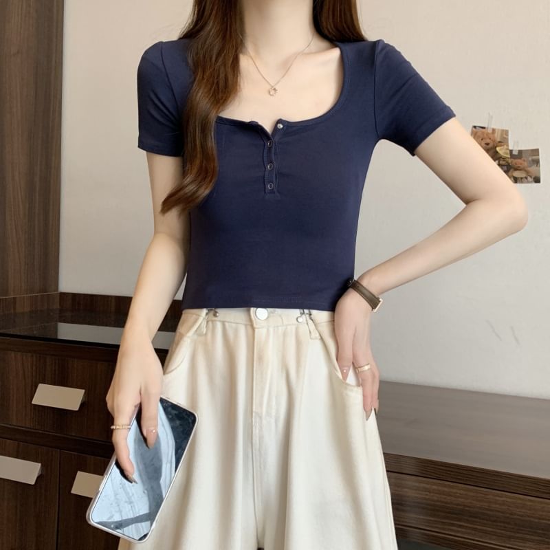 Short-Sleeve Plain Henley Tee