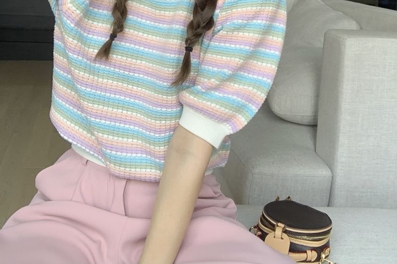 Short-Sleeve Round Neck Striped Knit Top