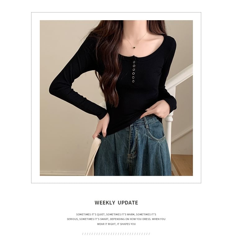 Long-Sleeve Henley Ribbed Crop Slim Fit T-Shirt