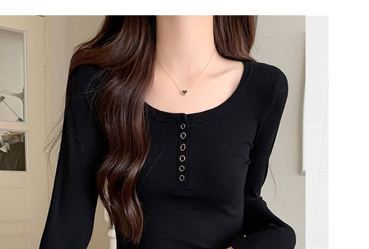 Long-Sleeve Henley Ribbed Crop Slim Fit T-Shirt