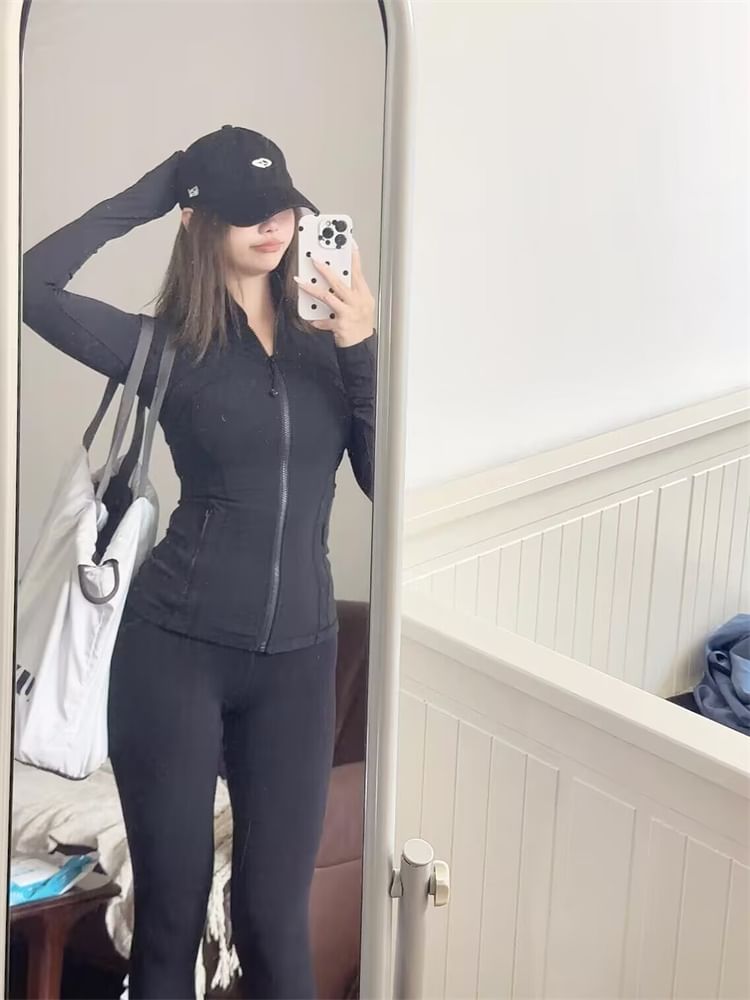 Stand Collar Plain Zip Yoga Jacket