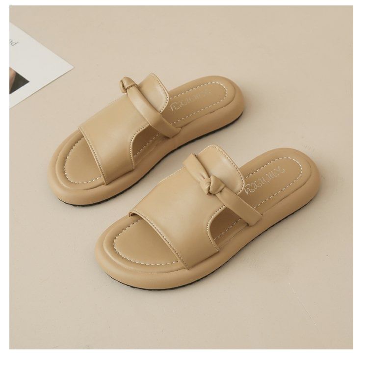 Platform Plain Knot Faux Leather Slide Sandals