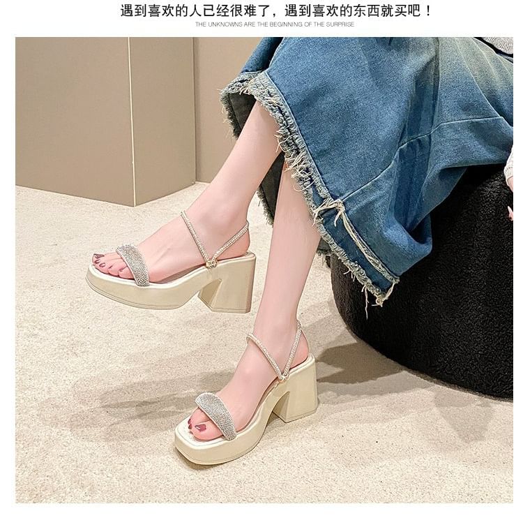 Chunky Heel Square Toe Rhinestone Strap Sandals