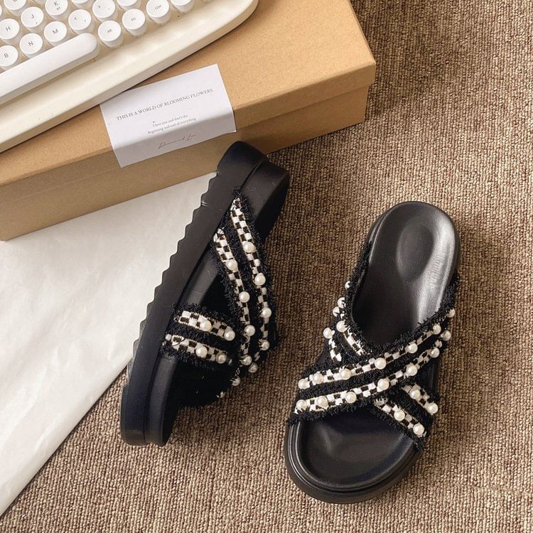 Platform Cross Strap Tweed Faux Pearl Accent Sandals