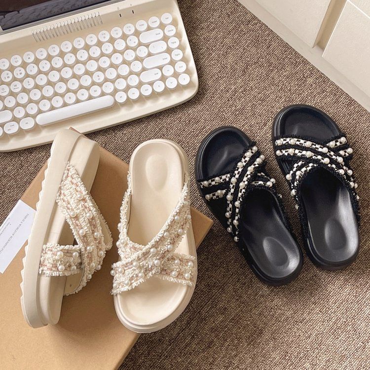 Platform Cross Strap Tweed Faux Pearl Accent Sandals