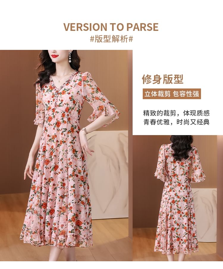 Short-Sleeve V-Neck Floral Print Frill Midi A-Line Dress