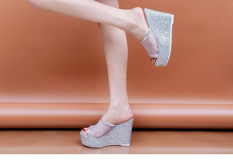 Plain Slide Sandals Wedge Glitter