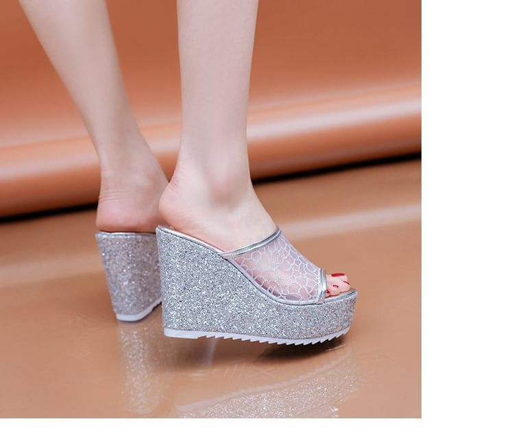 Plain Slide Sandals Wedge Glitter