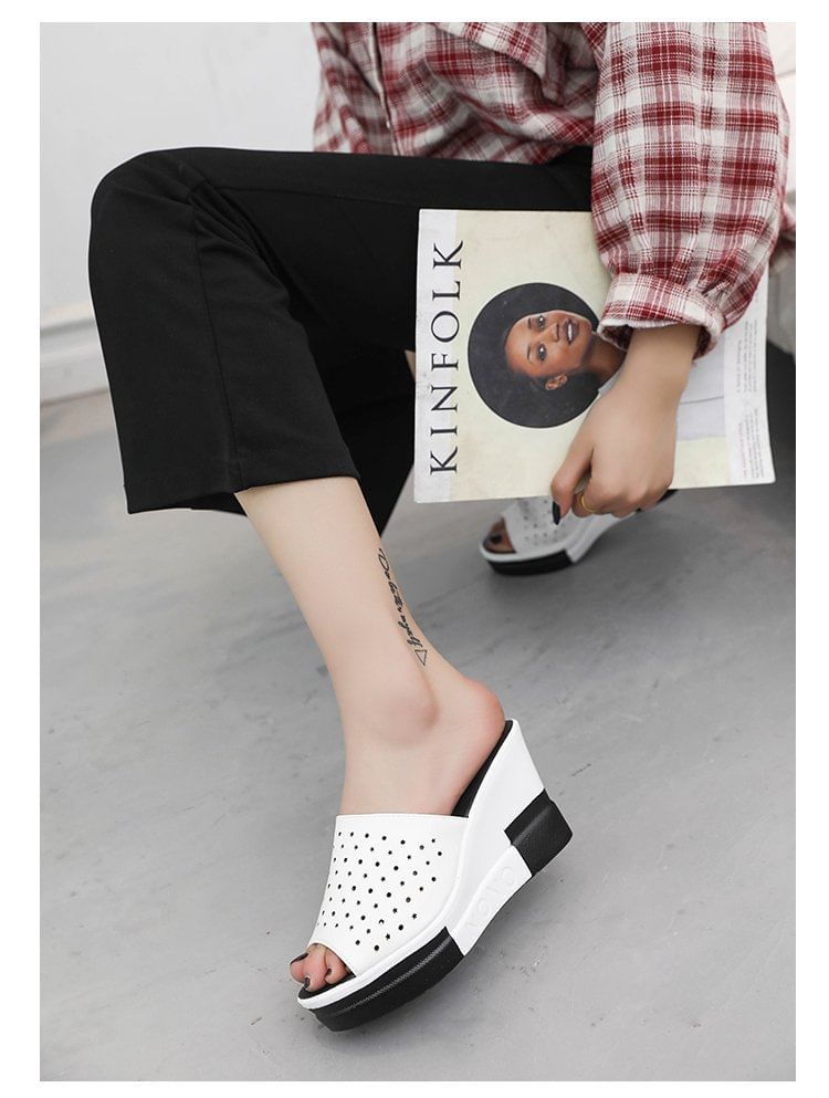 Slide Pointelle Wedge Plain Sandals