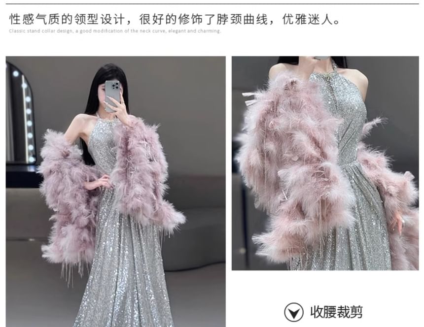 / Shirred Fluffy Cape Set Gown Halter-Neck Sequined A-Line Evening