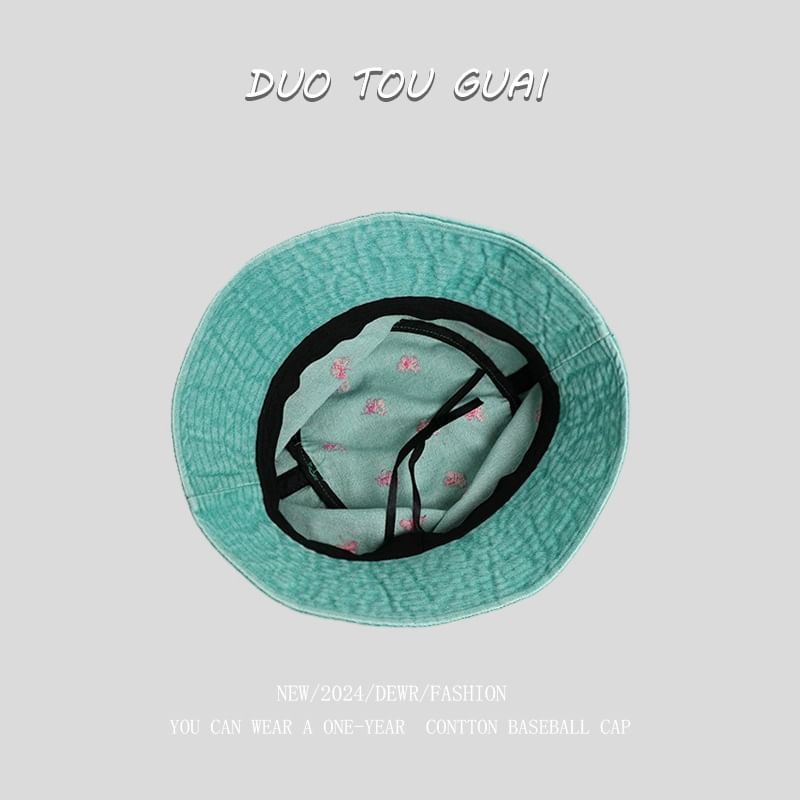 Denim Bucket Embroidered Bow Hat Washed