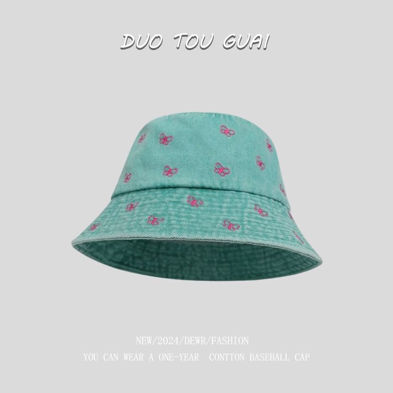 Denim Bucket Embroidered Bow Hat Washed