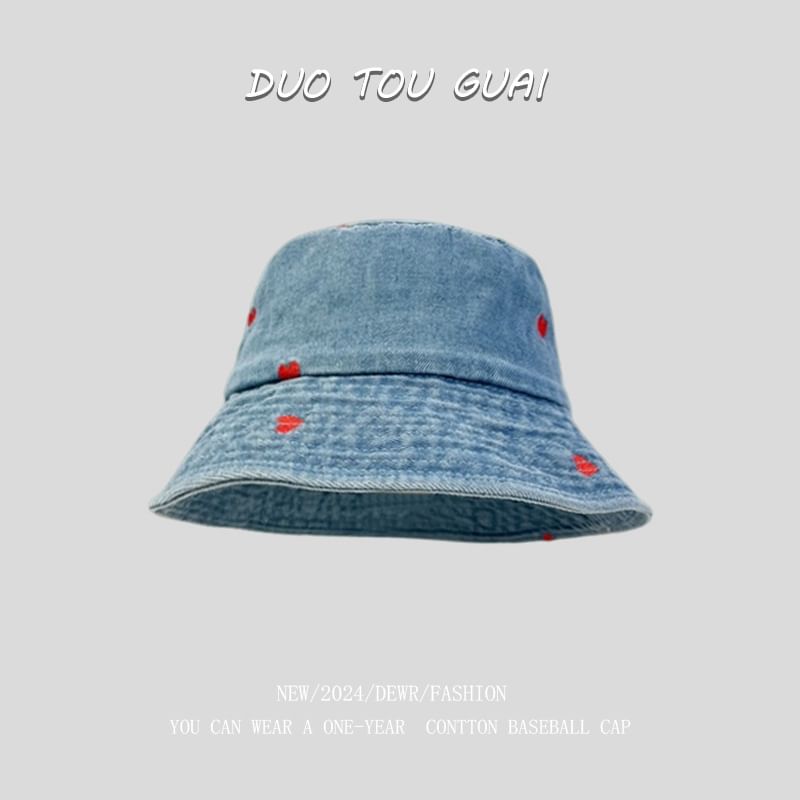 Washed Heart Bucket Denim Hat Embroidered