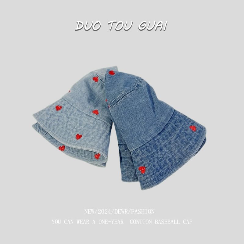Washed Heart Bucket Denim Hat Embroidered