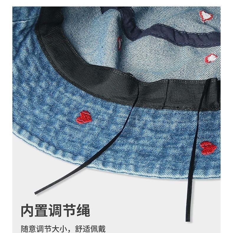 Washed Heart Bucket Denim Hat Embroidered