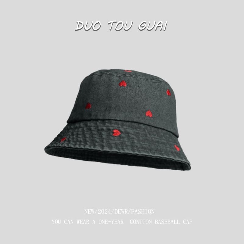 Washed Heart Bucket Denim Hat Embroidered
