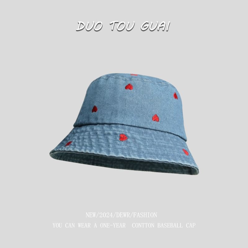 Washed Heart Bucket Denim Hat Embroidered
