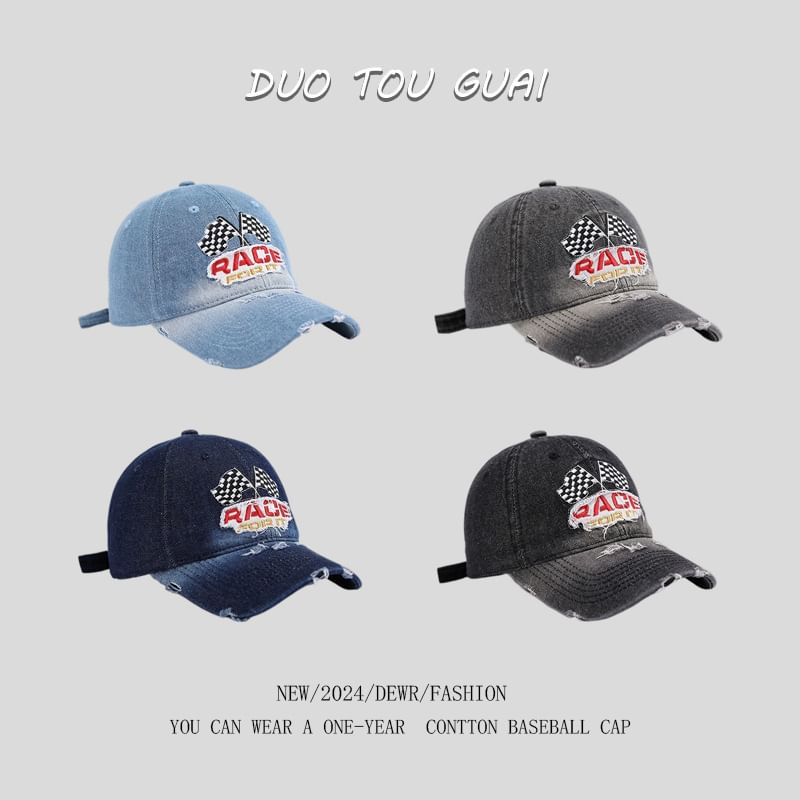 Washed Distressed Baseball Lettering Cap Embroidered Denim