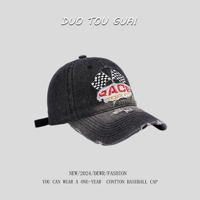 Washed Distressed Baseball Lettering Cap Embroidered Denim