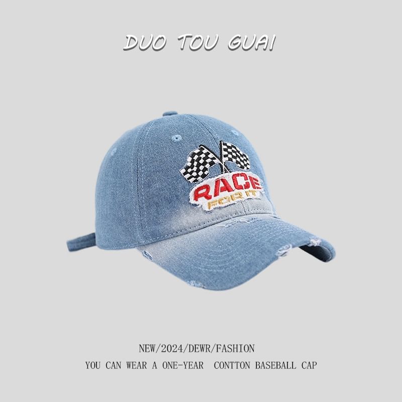 Washed Distressed Baseball Lettering Cap Embroidered Denim