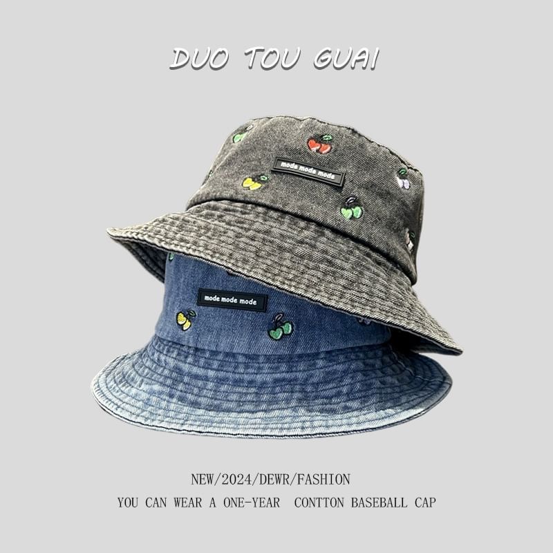 Embroidered Cherry Bucket Hat Denim Washed