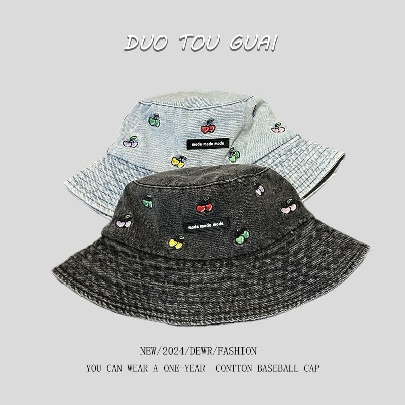 Embroidered Cherry Bucket Hat Denim Washed