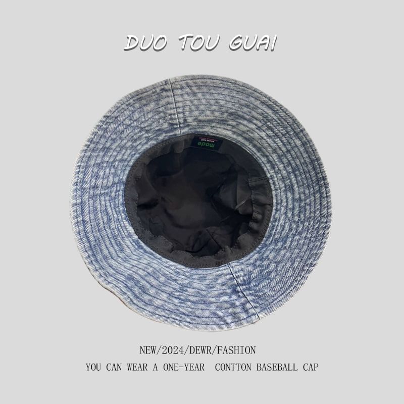 Embroidered Cherry Bucket Hat Denim Washed