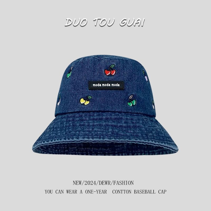 Embroidered Cherry Bucket Hat Denim Washed