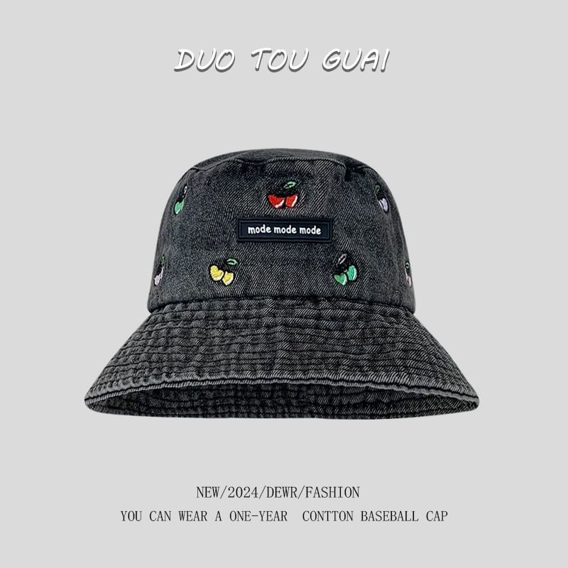 Embroidered Cherry Bucket Hat Denim Washed