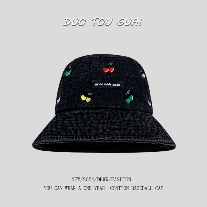 Embroidered Cherry Bucket Hat Denim Washed