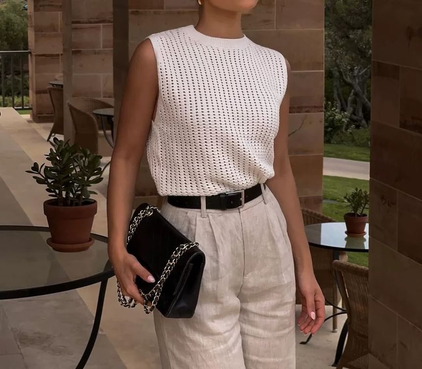 Neck Knit Top Plain Round Sleeveless