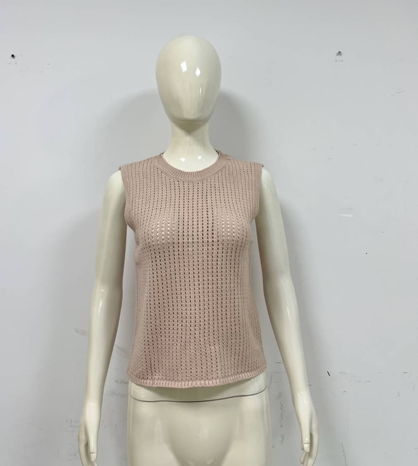 Neck Knit Top Plain Round Sleeveless