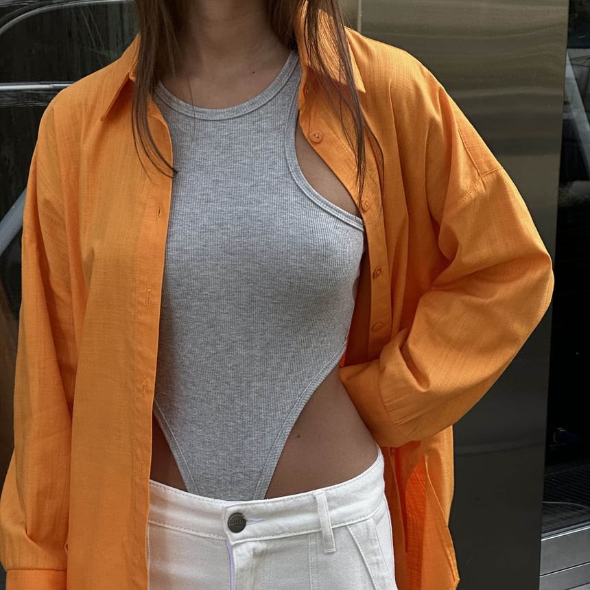 Sleeveless Plain Bodysuit Top Crew Neck
