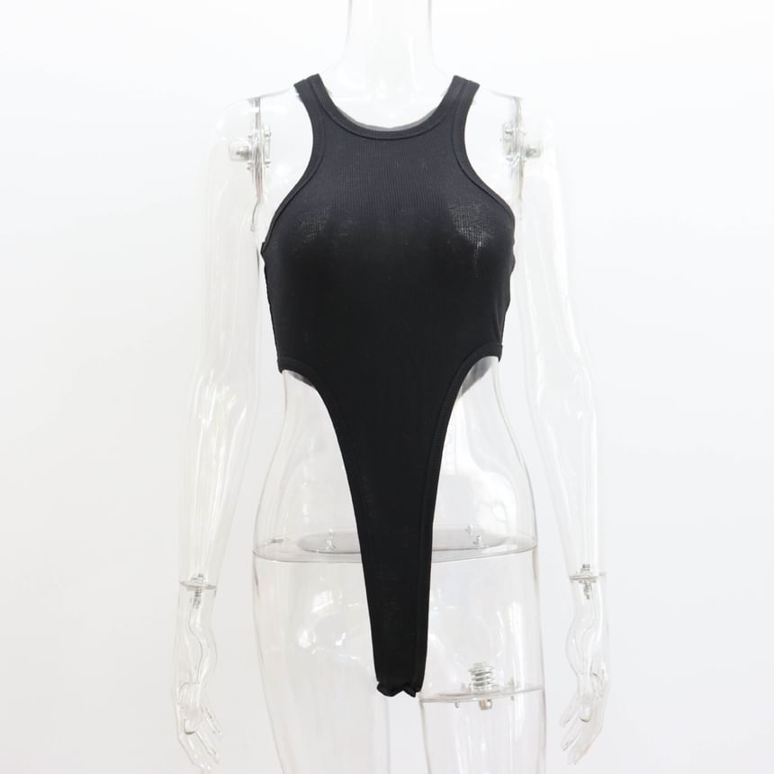 Sleeveless Plain Bodysuit Top Crew Neck