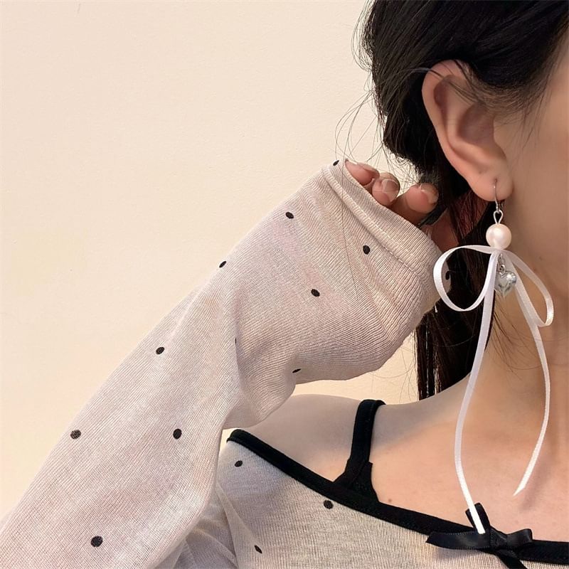 Faux Ribbon Designs) Earring (Various / Drop Pearl