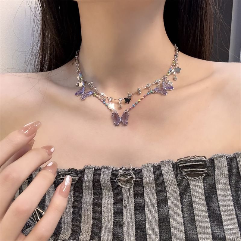 Crystal Faux Layered Necklace Butterfly Fringed