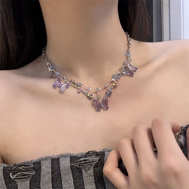 Crystal Faux Layered Necklace Butterfly Fringed
