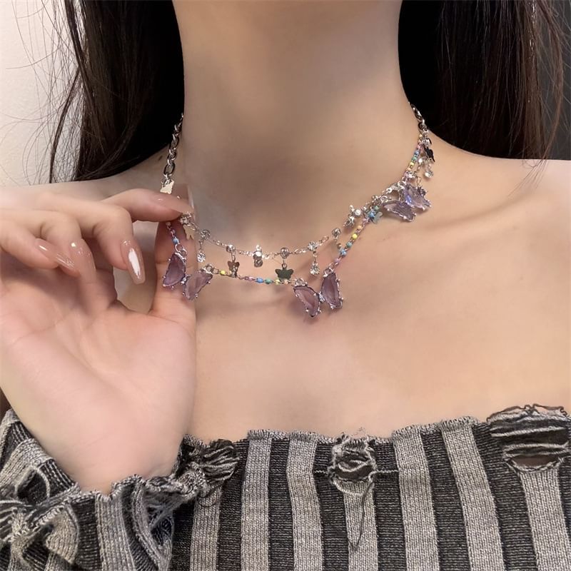 Crystal Faux Layered Necklace Butterfly Fringed