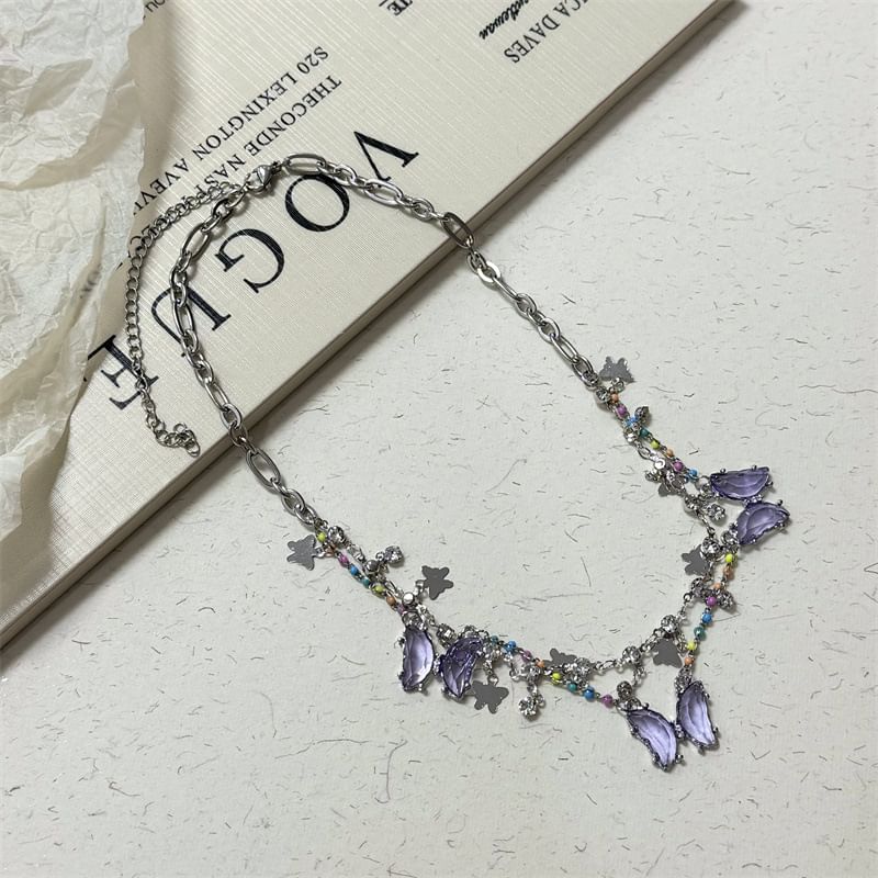 Crystal Faux Layered Necklace Butterfly Fringed