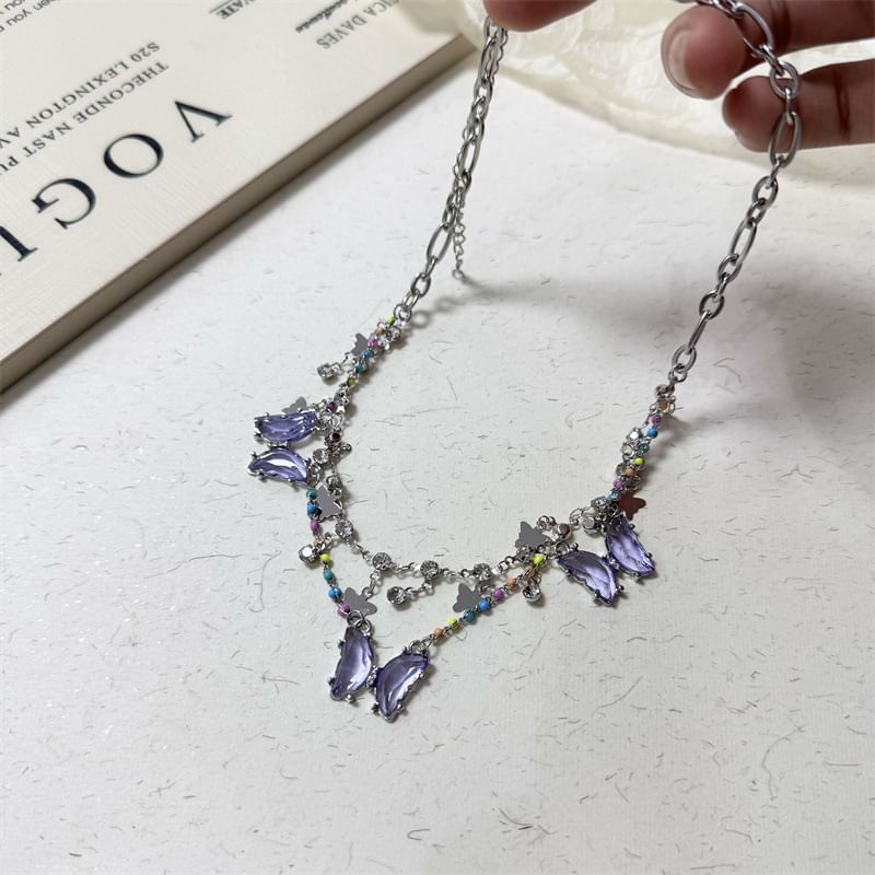 Crystal Faux Layered Necklace Butterfly Fringed