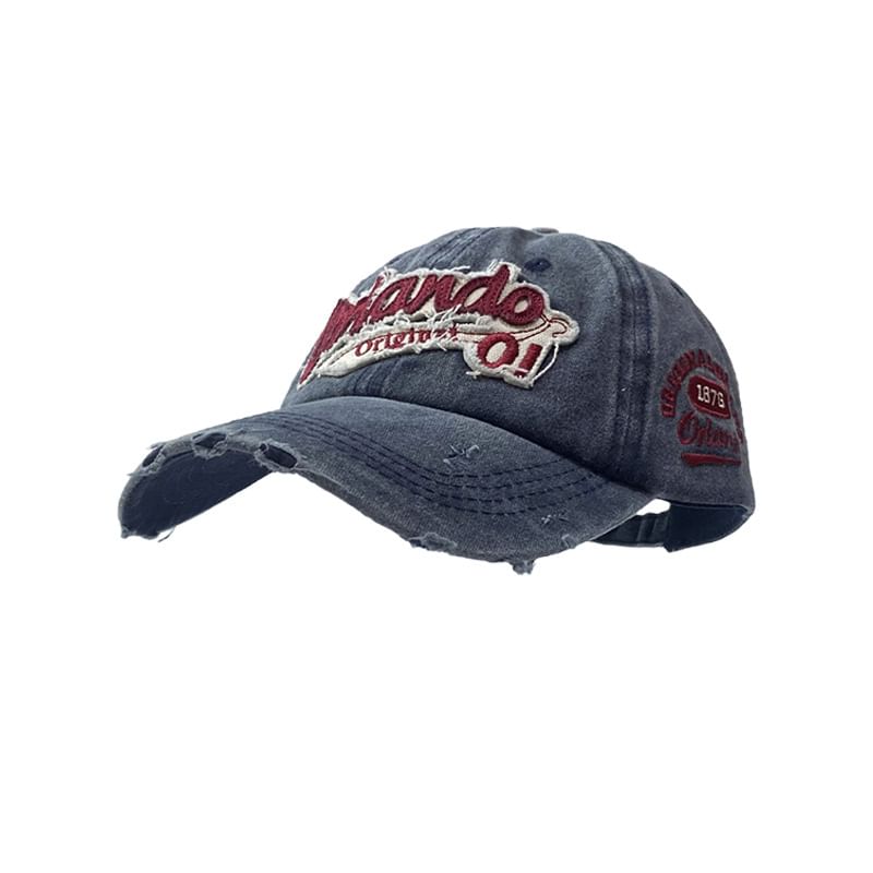 Lettering Applique Distressed Baseball Cap Washed